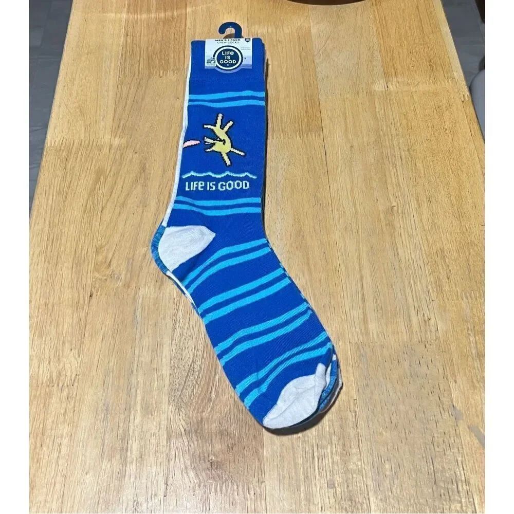 Life Is Good Mens 3 Pack Crew Socks NEW Blue Patterned